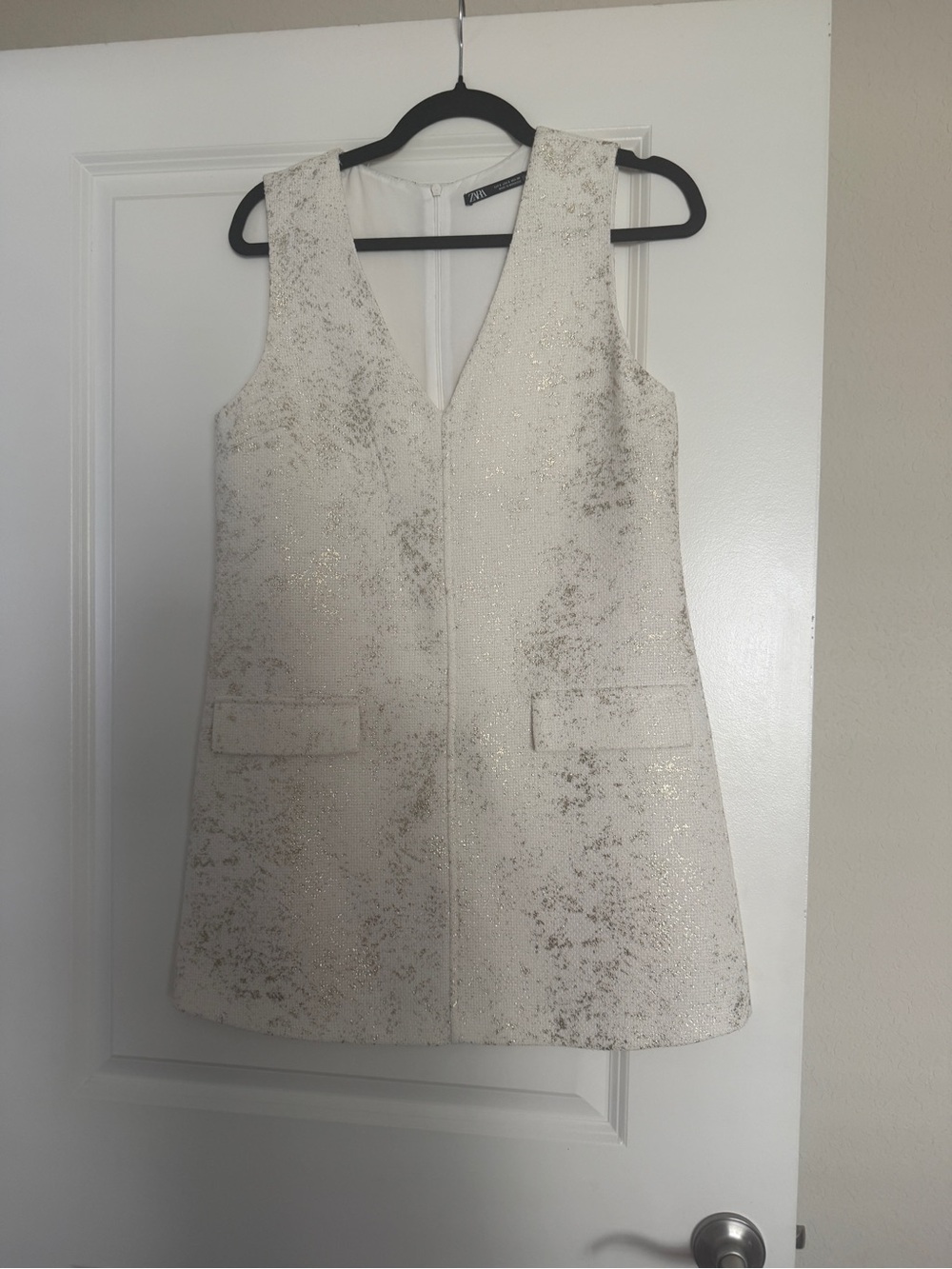 Zara Cream Metallic Brocade V-Neck Mini Dress
